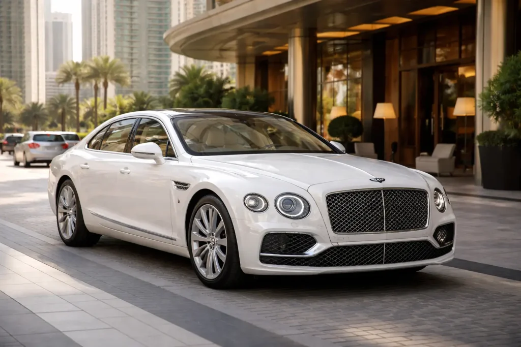 Bentley Flying Spur outside luxury hotel dubai