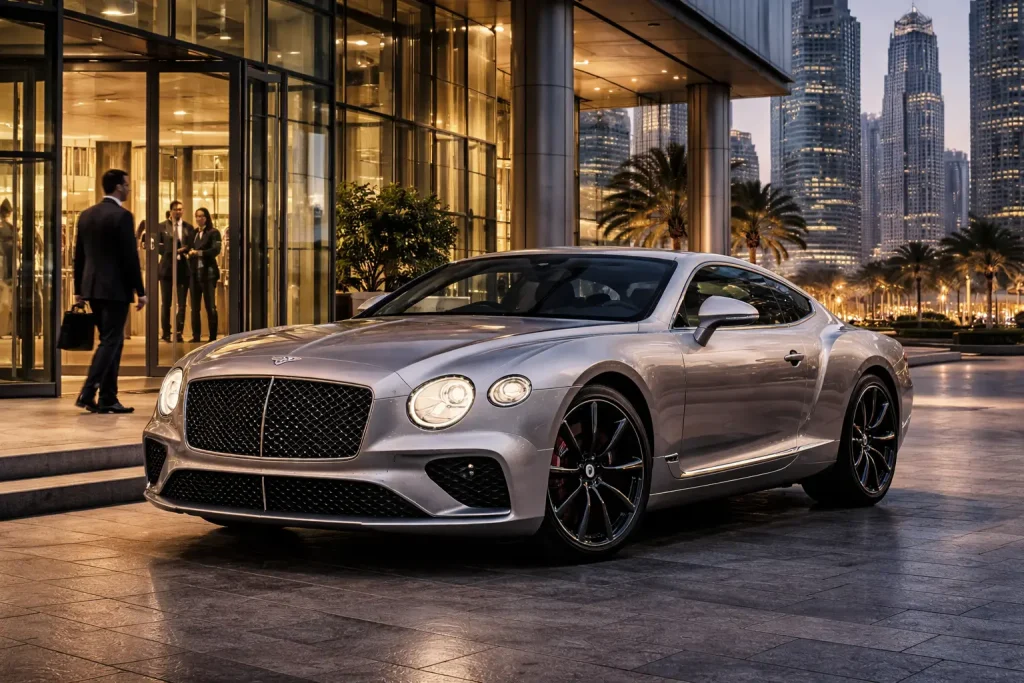 Bentley GT outside Dubai skyscraper