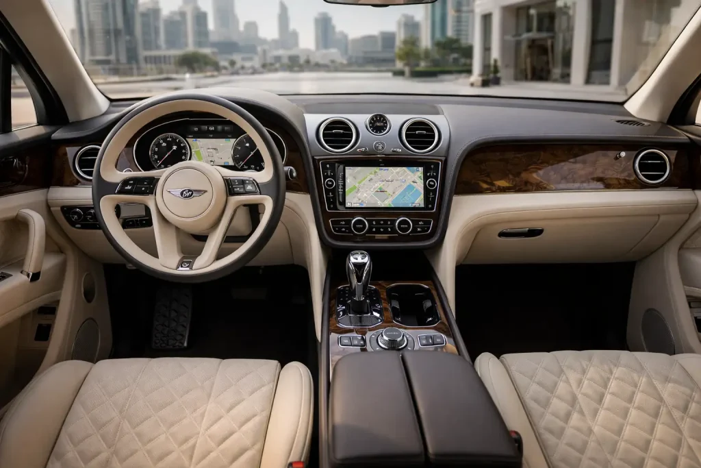 Cream leather interior of Bentley Bentayga Azure with wood veneer dashboard