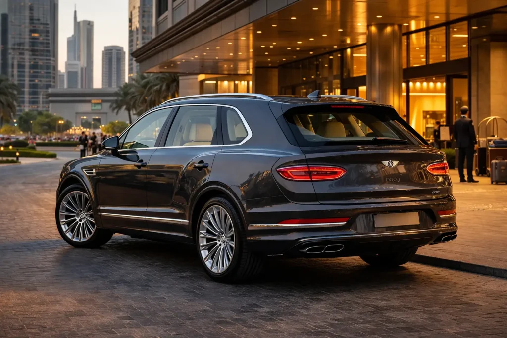 Rear angle of dark grey Bentley Bentayga Azure at Downtown Dubai hotel entrance