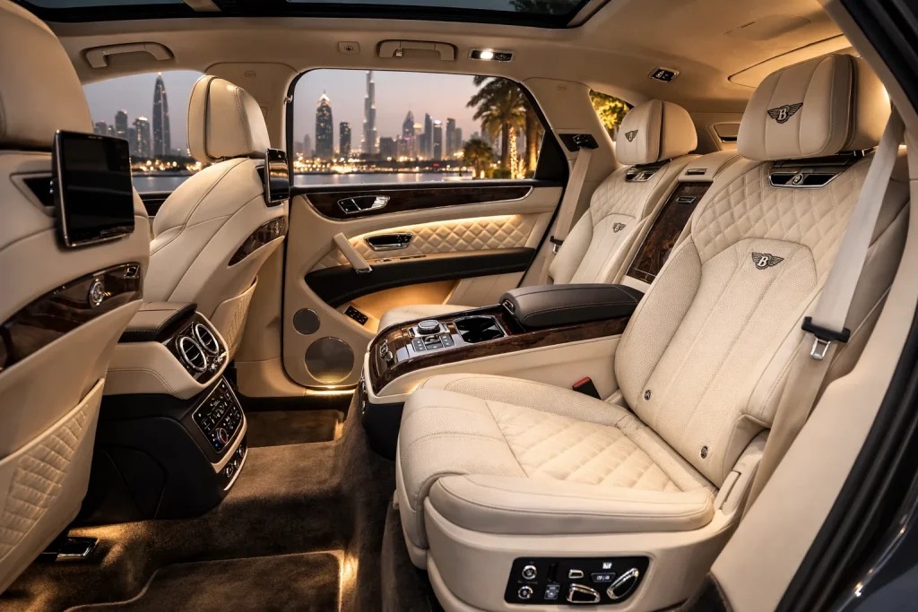 Rear executive seating in cream leather inside Bentley Bentayga Azure