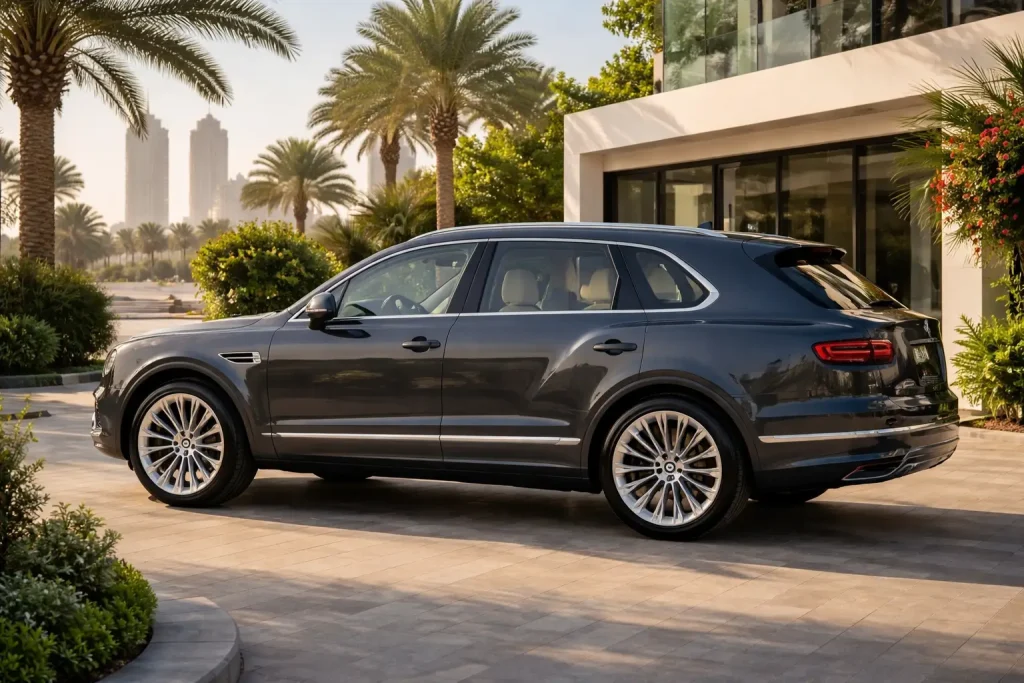 Side profile of dark grey Bentley Bentayga Azure at Palm Jumeirah villa driveway